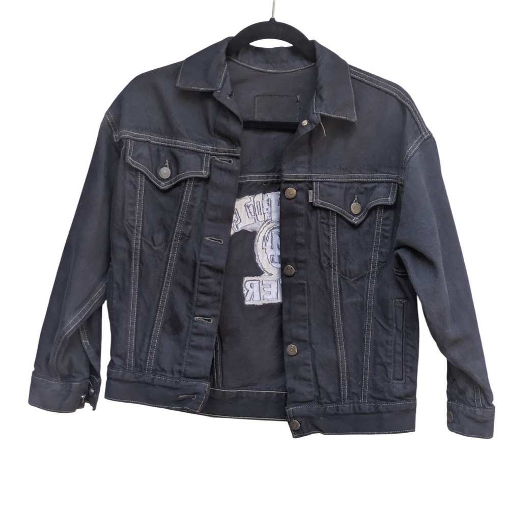 Levis Black Denim Trucker Jacket Blondie 4 Ever Embroidered Patch Womens - Picture 2 of 5